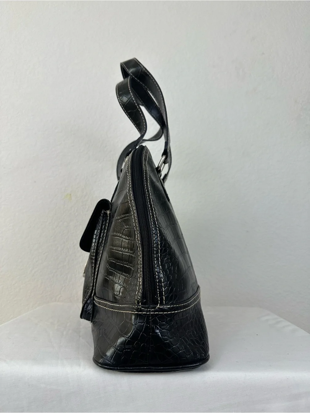 New York & Company Black Faux Leather Croc-Embossed Tote with Silver Buckle